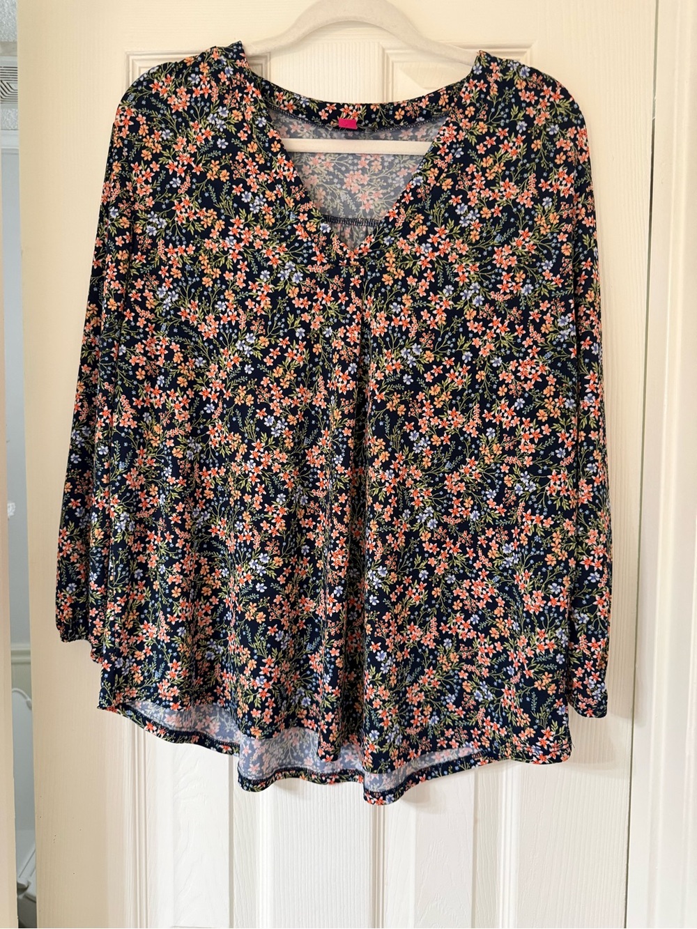 Vince Camuto Navy Blouse with Coral and Green Floral Print
